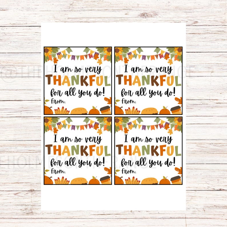 Pu&ograve; includere: Quattro etichette regalo a tema Ringraziamento con il messaggio "I am so very THANKFUL for all you do!" in vari colori. Ogni etichetta presenta grafiche a tema autunnale, tra cui zucche, torte e tazze di caff&egrave;, con uno striscione in alto.