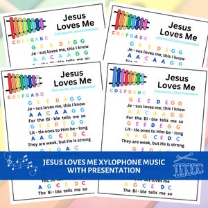 May include: Multiple sheets of music with the title "Jesus Loves Me" and xylophone notes. Each sheet features colorful xylophone illustrations and the lyrics to the song. The text "Click Here for Link to Presentation" is also visible.