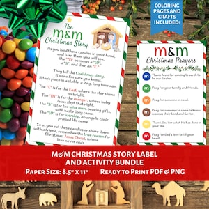 Etiquetas imprimibles con la historia de la Natividad de M&M / Oración navideña con dulces / Actividades navideñas para niños / Manualidad de la Natividad / Regalo navideño cristiano