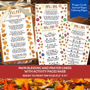 May include: A collection of printable prayer cards and activity pages featuring M&M Blessings, Thanksgiving prayers, and prayers for others. The designs include colorful autumn leaves, M&M candy illustrations, and text on 8.5" x 11" sheets.