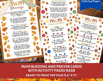 Può includere: Una raccolta di schede di preghiera e pagine di attività stampabili con benedizioni M&M, preghiere del Ringraziamento e preghiere per gli altri. I design includono foglie autunnali colorate, illustrazioni di caramelle M&M e testo su fogli da 21,6 cm x 27,9 cm.