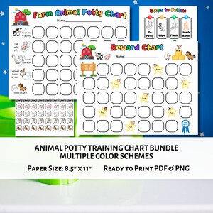 May include: A printable potty training chart featuring farm animals. The chart includes a reward chart with stars and a section for steps to follow, including "Go Potty", "Wipe", "Flush", and "Wash Hands". The chart is 8.5 inches by 11 inches.