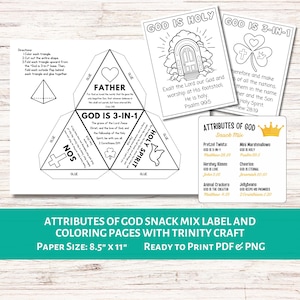 Etiqueta de refrigerio "Atributos de Dios", páginas para colorear con versículos bíblicos, manualidad de la Trinidad / Manualidades bíblicas para niños / Actividades cristianas para niños