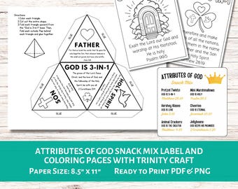 Etiqueta de refrigerio "Atributos de Dios", páginas para colorear con versículos bíblicos, manualidad de la Trinidad / Manualidades bíblicas para niños / Actividades cristianas para niños