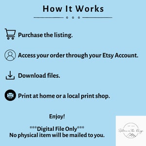 May include: A blue background with white text explaining how to purchase and download a digital file. The text reads "How It Works", "Purchase the listing", "Access your order through your Etsy Account", "Download files", "Print at home or a local print shop", "Enjoy!", "***Digital File Only***", "No physical item will be mailed to you."