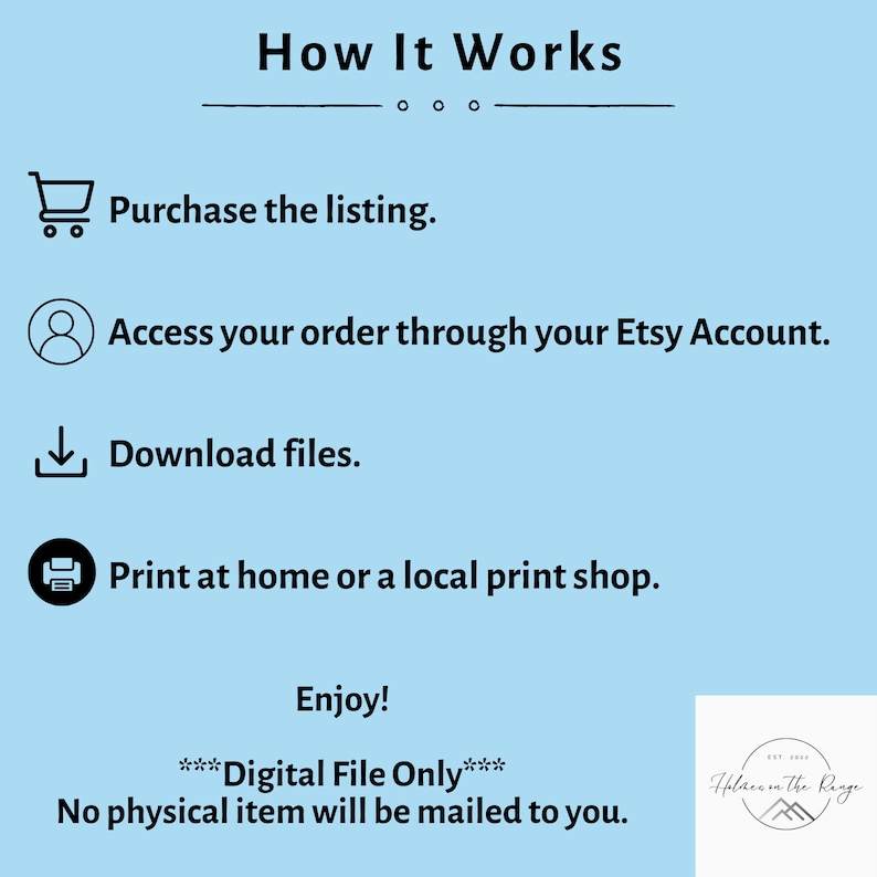 May include: A blue background with white text explaining how to purchase and download a digital file. The text reads "How It Works", "Purchase the listing", "Access your order through your Etsy Account", "Download files", "Print at home or a local print shop", "Enjoy!", "***Digital File Only***", "No physical item will be mailed to you."