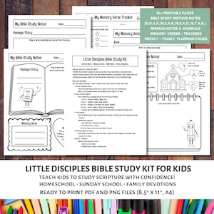 May include: A printable Little Disciples Bible Study Kit for kids. The pages include Bible study notes, memory verse trackers, sermon notes, and weekly and yearly planning pages. The kit is available in PDF and PNG files, sized at 8.5" x 11" and A4.