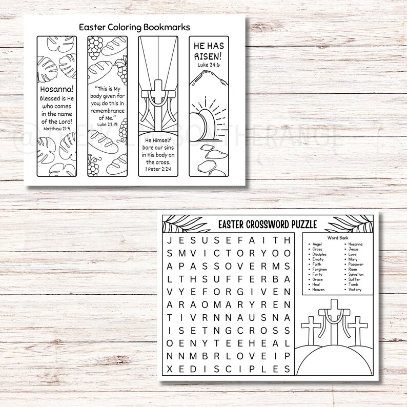 May include: Black and white Easter-themed coloring bookmarks and a crossword puzzle. The bookmarks feature religious text and illustrations of bread, grapes, and a cross. The crossword puzzle includes a word bank and a drawing of three crosses.