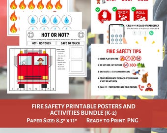 May include: Fire safety printable posters and activities bundle for kindergarten and first grade students. The bundle includes a fire safety tips poster, a hot or not activity, a fire truck puzzle, and a stop, drop, and roll poster. The posters are 8.5 inches by 11 inches and are ready to print.