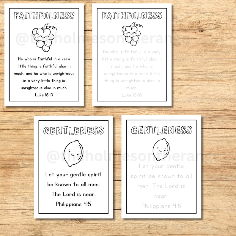May include: Four printable cards with black and white illustrations of a bunch of grapes, a lemon, and text. The text on the cards reads "Faithfulness", "Gentleness", and Bible verses.