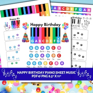 May include: Sheet music for "Happy Birthday" with colorful piano keys and musical notes. The text includes "Happy Birthday" and "PDF & PNG 8.5" X 11". The sheet music is designed for piano players.