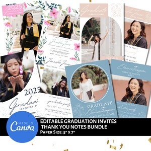 Bewerkbare sjabloon voor afstudeeruitnodiging | Modern minimalistisch bloemen | Canvassjabloon | Bedankbriefje voor afstuderen | Klasse van 2025