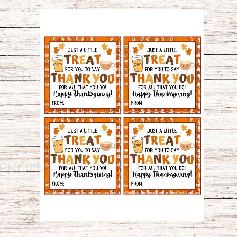 Pu&ograve; includere: Quattro etichette regalo a tema Ringraziamento con un bordo arancione a quadri. Ogni etichetta presenta il testo "Just a Little Treat For You to Say Thank You For All That You Do! Happy Thanksgiving!" e grafiche di caff&egrave; e tazza.