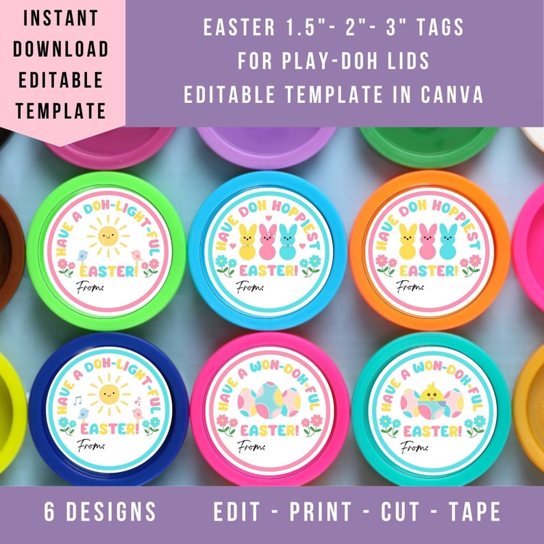 Ostern Play Doh Deckeletikett Frohe Ostern Runde Geschenkanhänger 1,5 2 3 Tags Osterkorb Geschenkanhänger Sofortiger Download Bearbeitbare Canva Vorlage Bild 1