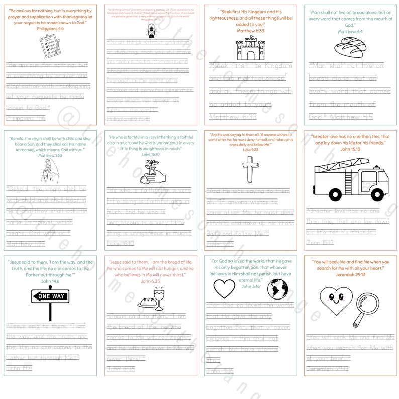 Set of 56 Memory Verse Printable Handwriting Practice Sheets NASB NIV Bible Verse Copy Work ...