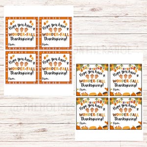 Pu&ograve; includere: Tag di ringraziamento con un bordo a scacchi arancione e bianco. I tag recitano "Hope you have a WONDER-FALL Thanksgiving!" con grafiche di ghiande e foglie. Ogni tag ha uno spazio per scrivere "From:"