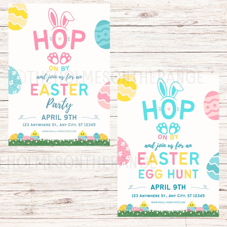 Puede incluir: Dos invitaciones a una fiesta de Pascua con un conejito y huevos coloridos. La primera invitaci&oacute;n dice "Hop on by and join us for an Easter Party" y la segunda invitaci&oacute;n dice "Hop on by and join us for an Easter Egg Hunt". Ambas invitaciones tienen la fecha "April 9th" y una direcci&oacute;n.