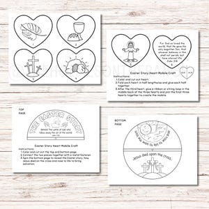 May include: Black and white Easter Story Heart Mobile Craft. The craft includes heart-shaped templates with illustrations of a leaf, chalice, cross, empty tomb, Jesus, and Bible verse. Instructions are included.