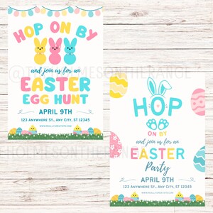 Puede incluir: Dos invitaciones a una fiesta de Pascua con un conejo y huevos de Pascua de colores pastel. La primera invitaci&oacute;n dice "Hop on by and join us for an Easter Egg Hunt" y la segunda invitaci&oacute;n dice "Hop on by and join us for an Easter Party". Ambas invitaciones incluyen la fecha "April 9th" y una direcci&oacute;n.