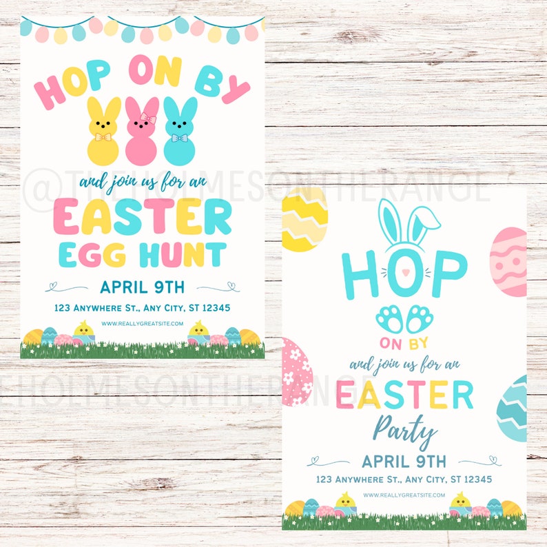 Puede incluir: Dos invitaciones a una fiesta de Pascua con un conejo y huevos de Pascua de colores pastel. La primera invitaci&oacute;n dice "Hop on by and join us for an Easter Egg Hunt" y la segunda invitaci&oacute;n dice "Hop on by and join us for an Easter Party". Ambas invitaciones incluyen la fecha "April 9th" y una direcci&oacute;n.