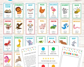 Animal Movement Cards | Printable 3" x 5" 28-Piece Flash Card Set | Includes Game Boards | Movement Activity for Preschool and Homeschool