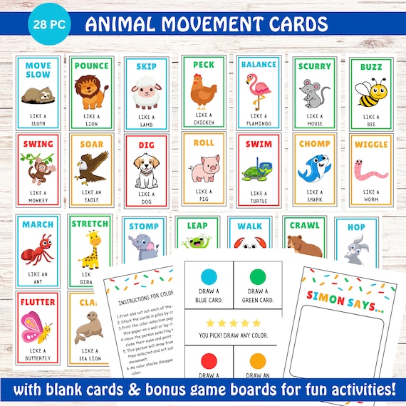 Animal Movement Cards | Printable 3" x 5" 28-Piece Flash Card Set | Includes Game Boards | Movement Activity for Preschool and Homeschool