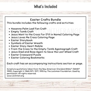 May include: White rectangular card with the text "What's Included" at the top. The card lists Easter-themed crafts and activities, including coloring pages, a storybook, and a crossword puzzle. The card also includes copyright information.