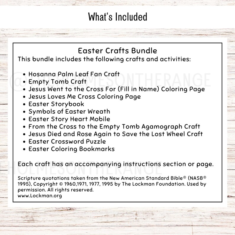 May include: White rectangular card with the text "What's Included" at the top. The card lists Easter-themed crafts and activities, including coloring pages, a storybook, and a crossword puzzle. The card also includes copyright information.