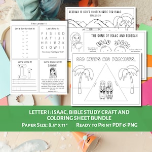 Letra I Manualidad bíblica de Isaac para niños / Lección bíblica para niños sobre Abraham y Sara / Versículos para memorizar / Rastreo de las Escrituras / Actividad de la escuela dominical Génesis