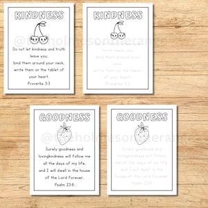 May include: Four printable coloring pages with black and white illustrations of cherries and strawberries. Each page features a different Bible verse about kindness and goodness. The verses are Proverbs 3:3 and Psalm 23:6.