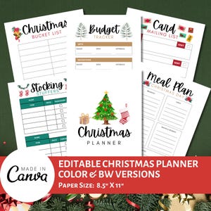 May include: A collection of printable Christmas planner pages. Includes a bucket list, budget tracker, card mailing list, meal plan, and stocking stuffer list. The planner features a Christmas tree graphic and the text "Christmas Planner".