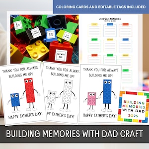 Puede incluir: Conjunto de manualidades para el Día del Padre, que incluye tarjetas con figuras de bloques y el texto "Thank You For Always Building Me Up!" y "Happy Father's Day!". También incluye un calendario y bloques con ideas de actividades.