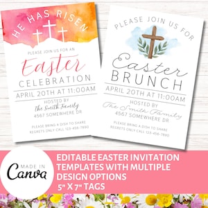 Plantilla editable de invitación de Pascua / Invitación para brunch de Pascua / Invitación cristiana de Pascua / Invitación de "Él ha resucitado" / Invitación de celebración de Pascua 5 x 7