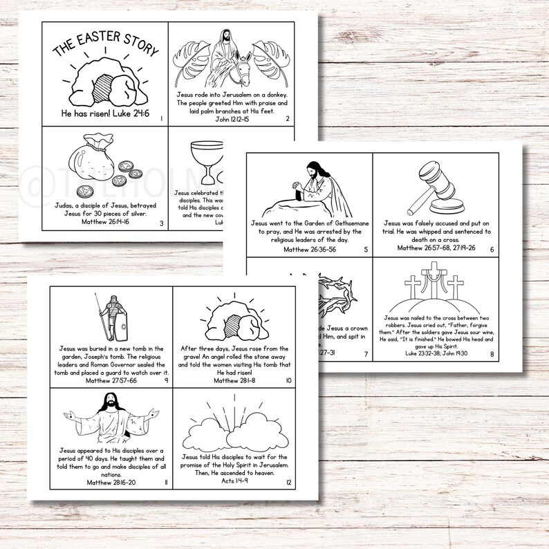 May include: Black and white illustrated panels depicting scenes from the Easter story. The panels include text and images of Jesus, the tomb, and other biblical events. The text includes references to Matthew, Luke, John, and Acts.