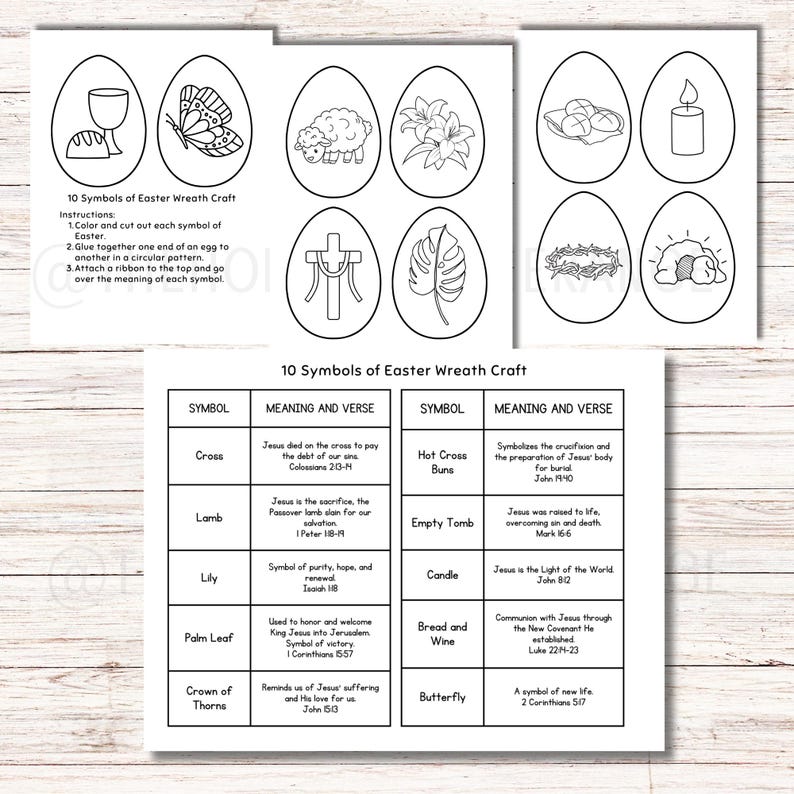 May include: A black and white Easter wreath craft with 10 symbols, including a cross, lamb, and butterfly. The instructions are included. The symbols are in egg shapes. The meaning and verse for each symbol is also included.