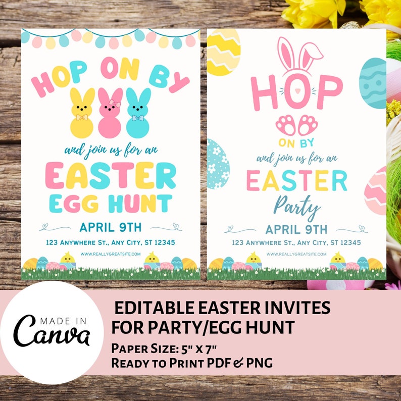 Hop on by invitation, Easter egg hunt invitation, editable Easter invitation, digital Easter invitation, Easter party invitation template, Canva template Easter invitation