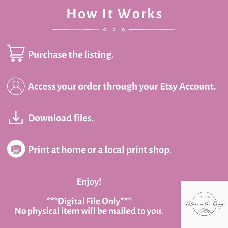 May include: A pink graphic with white text explaining how to purchase and use a digital file. The steps include purchasing, accessing the order on Etsy, downloading files, and printing at home or a local shop. The text also states that no physical item will be mailed.
