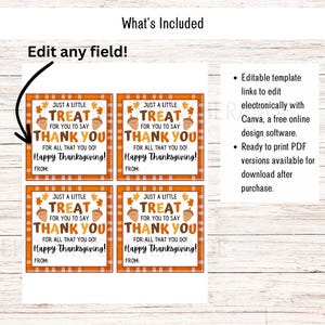 Pu&ograve; includere: Quattro etichette regalo a tema Ringraziamento con il testo "Just a Little Treat For You To Say Thank You" e "Happy Thanksgiving!" in arancione e marrone. Le etichette hanno un bordo a scacchi e presentano ghiande e foglie.