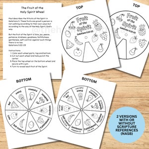 May include: Black and white printable wheel with the text "The Fruit of the Holy Spirit Wheel" and "Fruit of the Spirit" with scripture references. The wheel is divided into nine sections, each with a different fruit of the Spirit, such as love, joy, peace, patience, kindness, goodness, faithfulness, gentleness, and self-control.