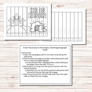 May include: A black and white agamograph craft kit with the text "HE IS RISEN" and instructions. The kit includes images of crosses and an empty tomb. The instructions explain how to create the agamograph.
