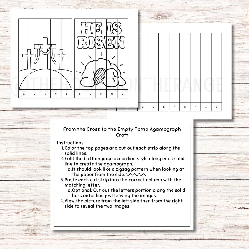 May include: A black and white agamograph craft kit with the text "HE IS RISEN" and instructions. The kit includes images of crosses and an empty tomb. The instructions explain how to create the agamograph.