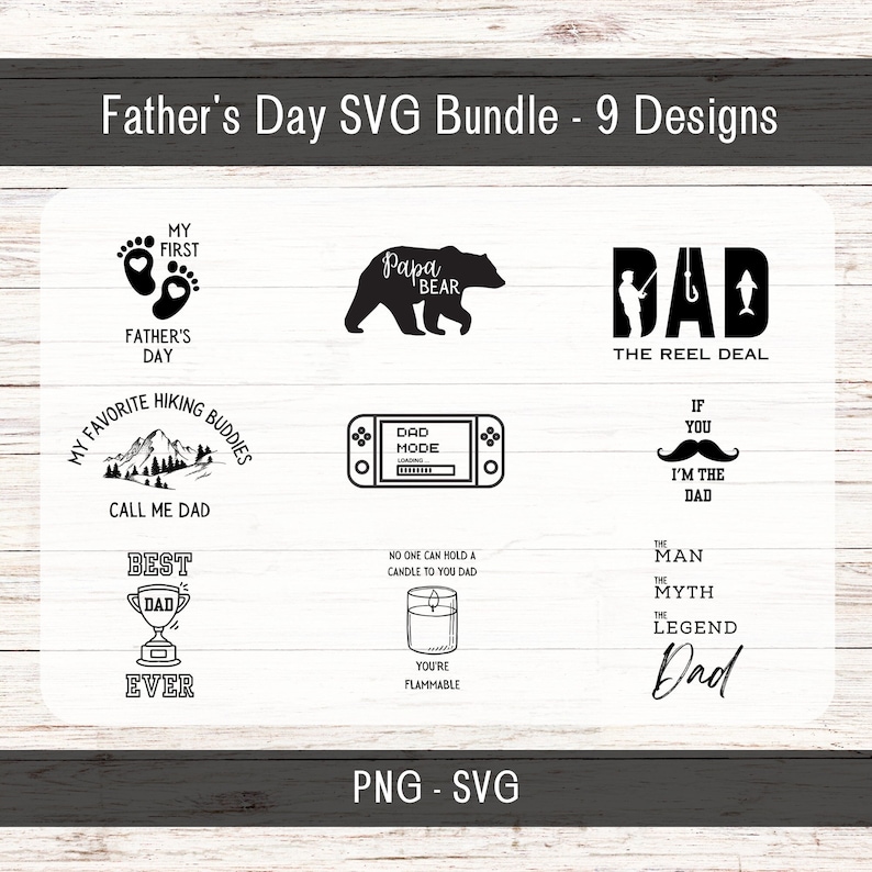 Op de afbeelding: Een set van negen zwart-witte SVG-ontwerpen voor Vaderdag. De ontwerpen omvatten een beer, een hengel, een videogamecontroller, een berg, een trofee, een kaars, een snor en een vader met een hengel. De tekst "Father's Day SVG Bundle - 9 Designs" staat bovenaan de afbeelding.