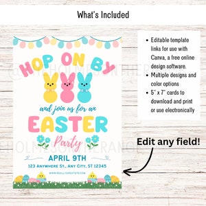 Puede incluir: Una invitaci&oacute;n imprimible a una fiesta de Pascua con un dise&ntilde;o de Peeps amarillo, rosa y azul. La invitaci&oacute;n dice "Hop On By and join us for an Easter Party" con la fecha "April 9th" y una direcci&oacute;n.