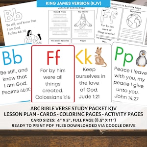 May include: A collection of printable educational materials including alphabet cards and activity pages featuring Bible verses from the King James Version. The set includes black and white coloring sheets and colorful cards with letters, illustrations, and text.