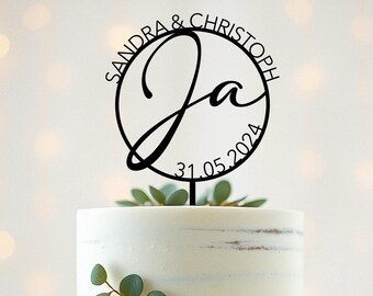 Cake Topper für Hochzeiten - personalisiert mit Namen und Datum - viele Farben - Dekoration für deine Traumfeier - Tortenstecker Ja-Wort