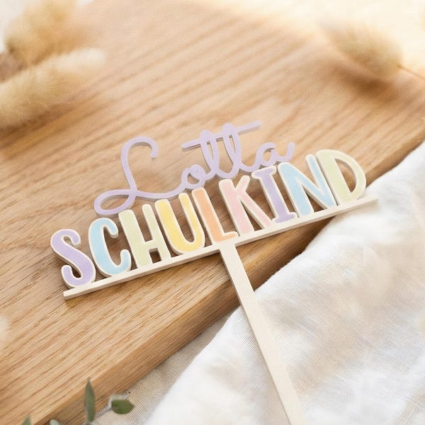 Cake Topper für den Schulanfang - Schulkind 2026 - Einschulung - Pastellfarben in Farben des Regenbogens - personalisiert mit Namen