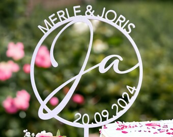 Cake Topper für Hochzeiten - personalisiert mit Namen und Datum - viele Farben - Dekoration für deine Traumfeier - Tortenstecker Ja-Wort