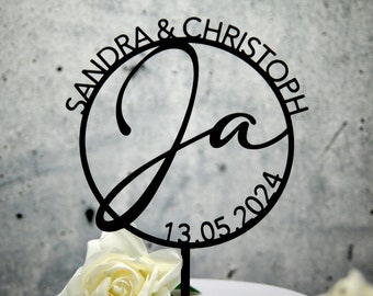 Cake Topper für Hochzeiten - personalisiert mit Namen und Datum - viele Farben - Dekoration für deine Traumfeier - Tortenstecker Ja-Wort