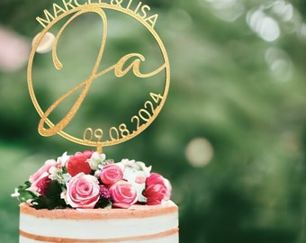 Cake Topper für Hochzeiten - personalisiert mit Namen und Datum - viele Farben - Dekoration für deine Traumfeier - Tortenstecker Ja-Wort