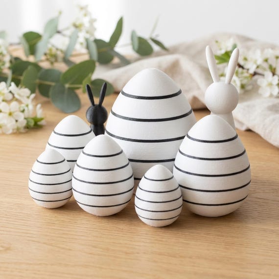 Ostereier Mit Streifen - Moderne Osterdeko Für Dein Zuhause - Umweltfreundliche Deko - Weiß Mit Schwarzen Streifen